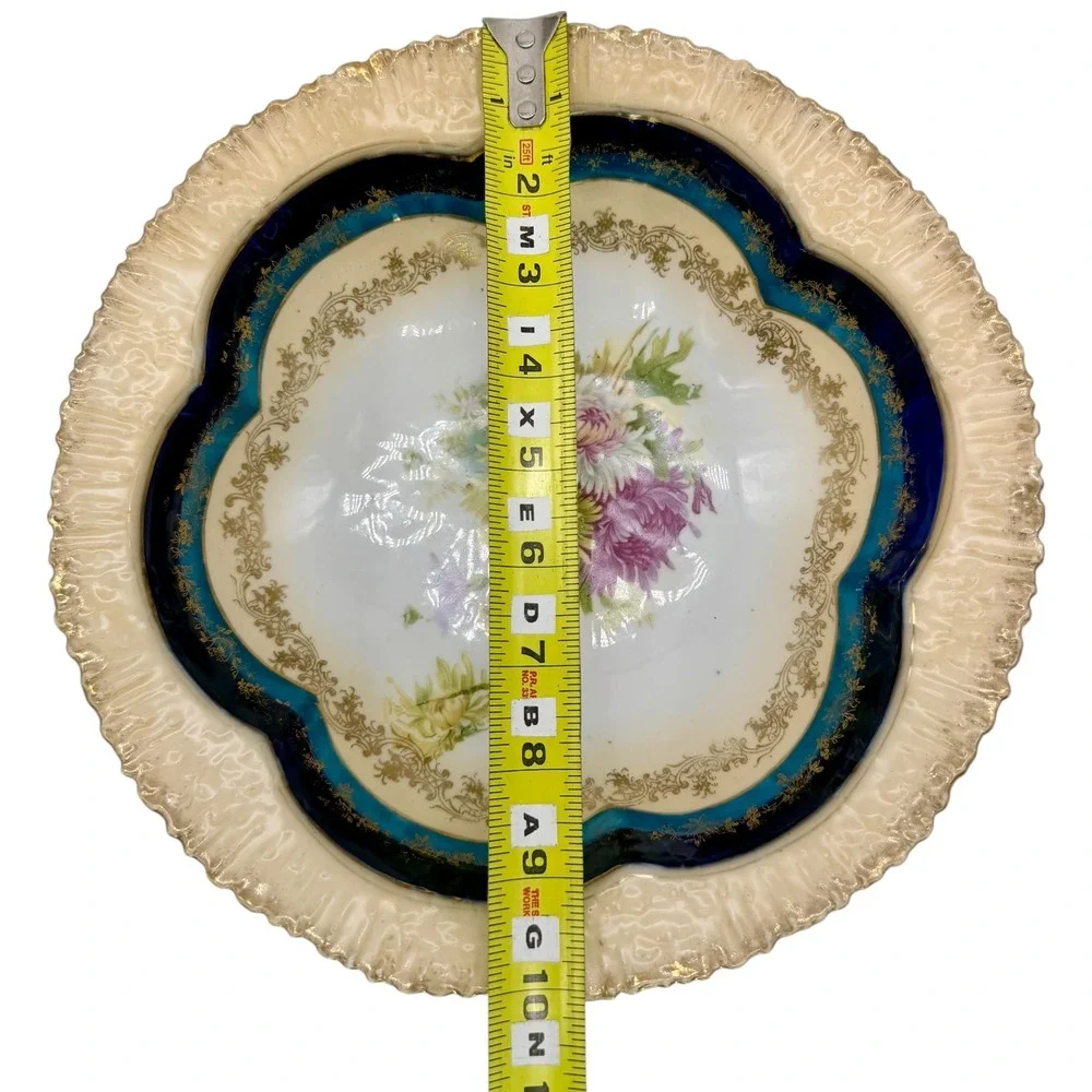 Antique Porcelain Floral Serving Bowl Cobalt‎ Blue Gold Gilt Scalloped Rim 10in